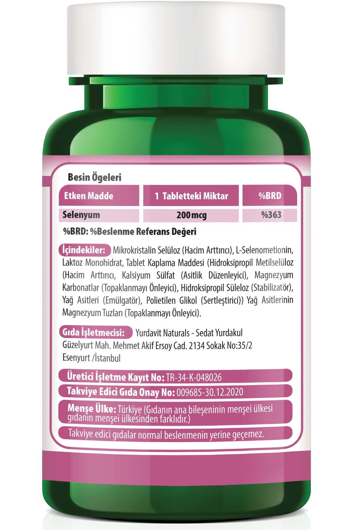 Yurdavit-Selenium 200 Mcg - 120 Tablets L-Selenometionin Selenium Supplement 3