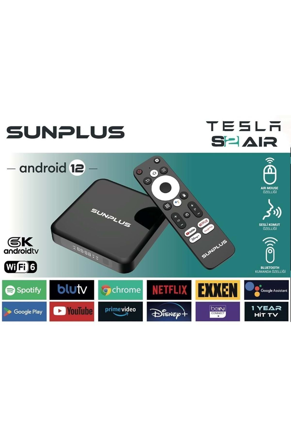 sunplus Tesla S 2 AİR Android Tv Box 2gb Ram -16 gb Hafıza Android 12 Tvbox -4 k 3840*2160 p Wİ-Fİ 6