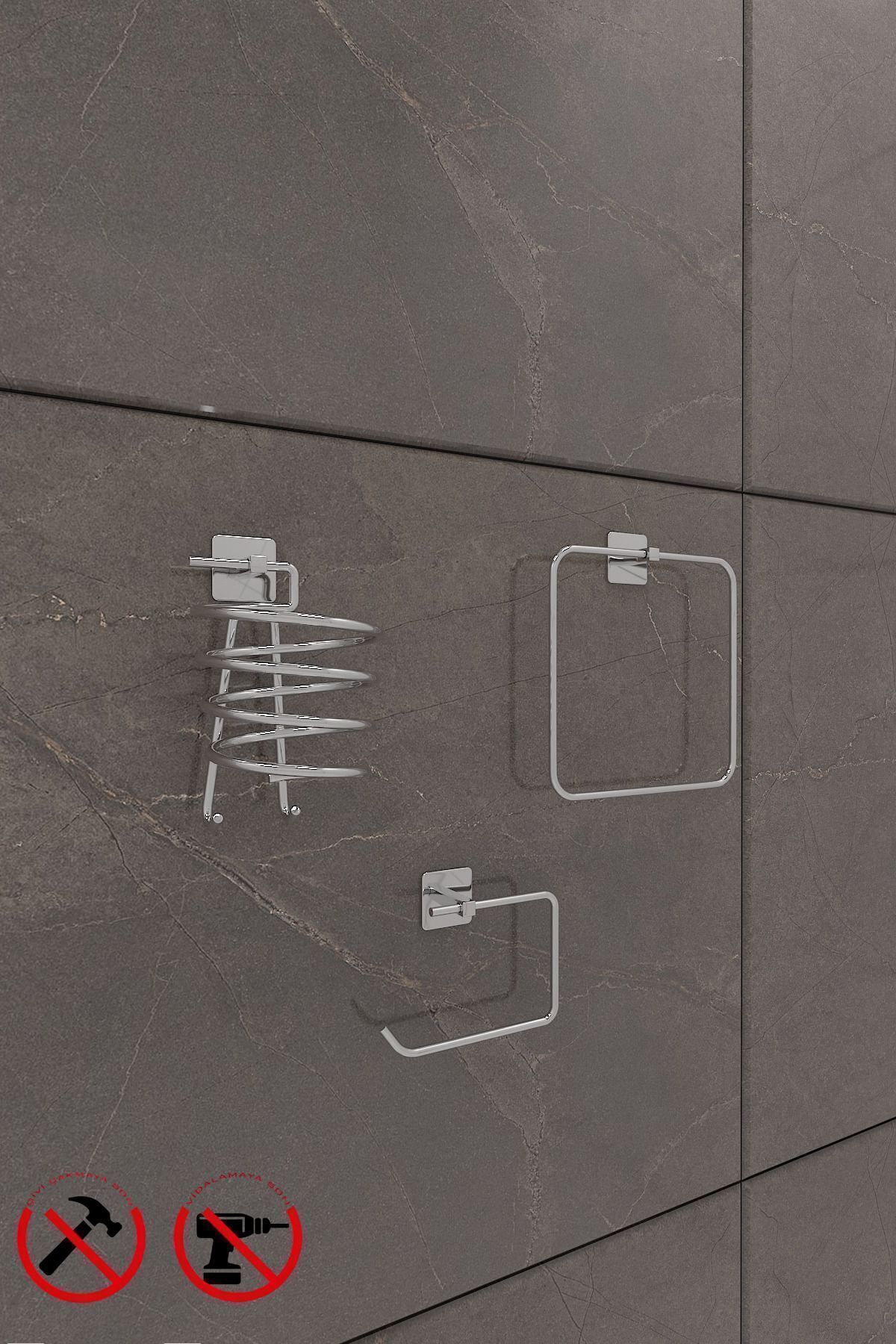 Alper Banyo-Chrome Square Set Square Towel Square Blow Dry and Square toilet paperSet 2
