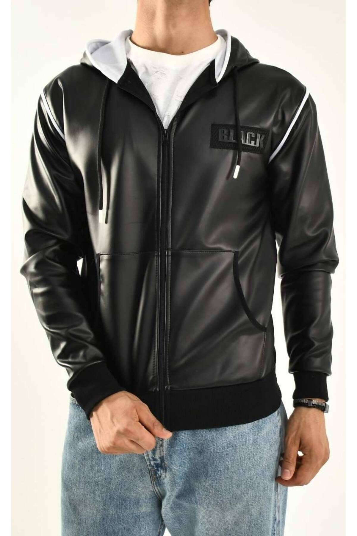 DAVID GERENZO Black Leather Jacket Hooded and Zipped Trendyol