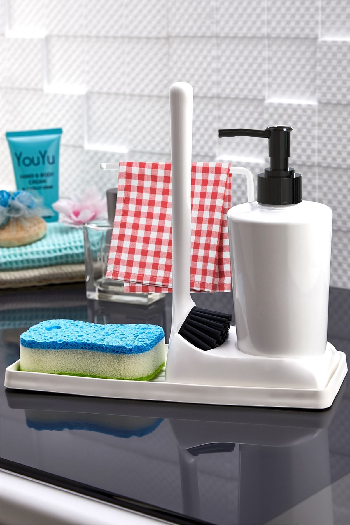 ATA life Armona Silikon Fırçalı Mutfak Banyo Sıvı Sabunluk Süngerlik Seti