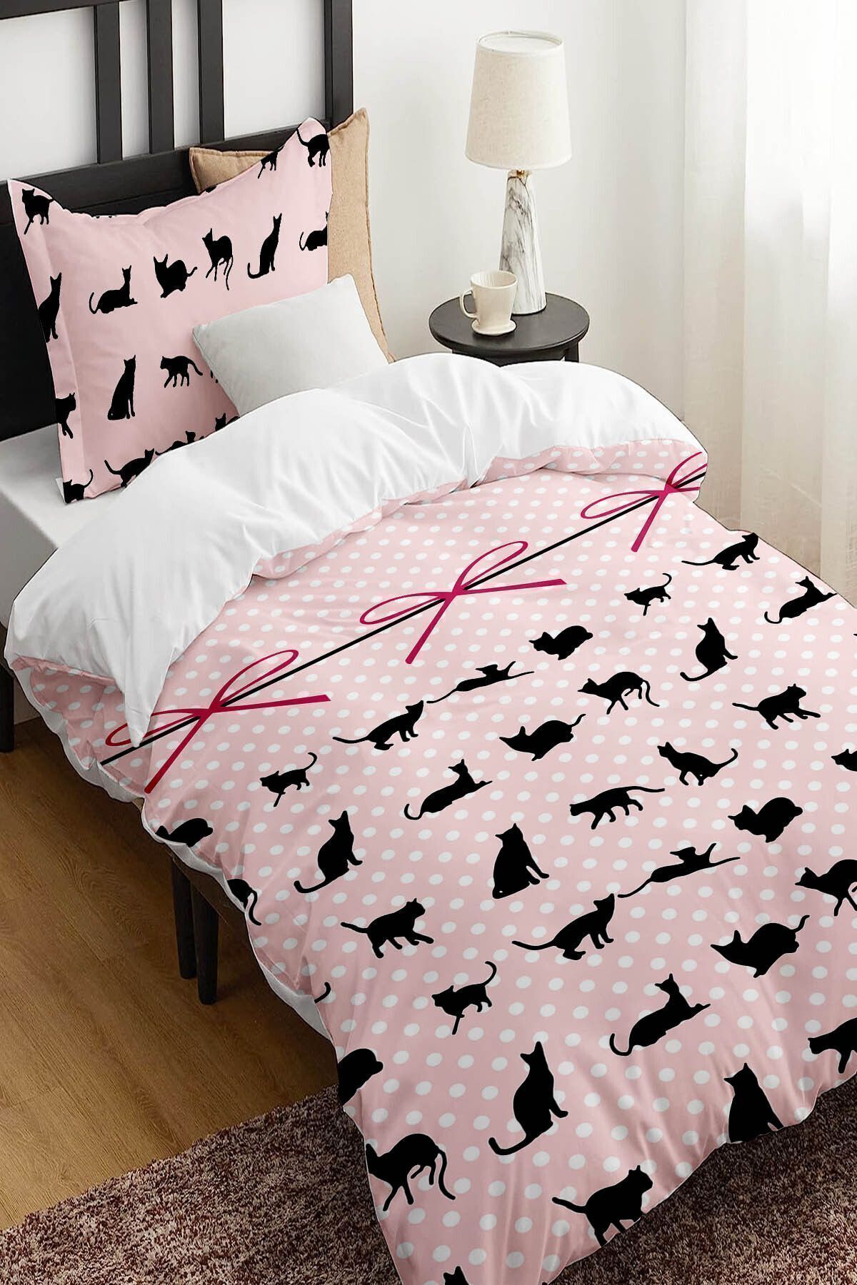 3D ELSE HALI-Pink Black Cat Figured Patterned Printed Cotton Satin Children's and Single Duvet Cover Set 2