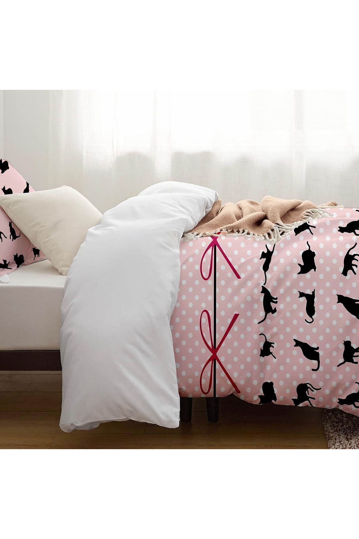 3D ELSE HALI-Pink Black Cat Figured Patterned Printed Cotton Satin Children's and Single Duvet Cover Set 4