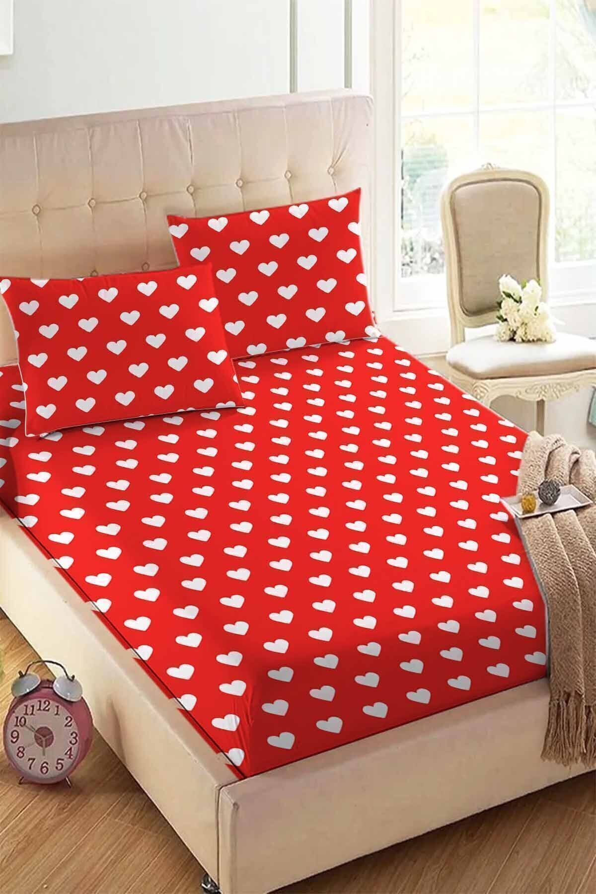 3D ELSE HALI-طقم ملاءة سرير مطاطية مزدوجة مرنة منقوشة على شكل قلب أحمر مقاس 160 × 200 سم 1