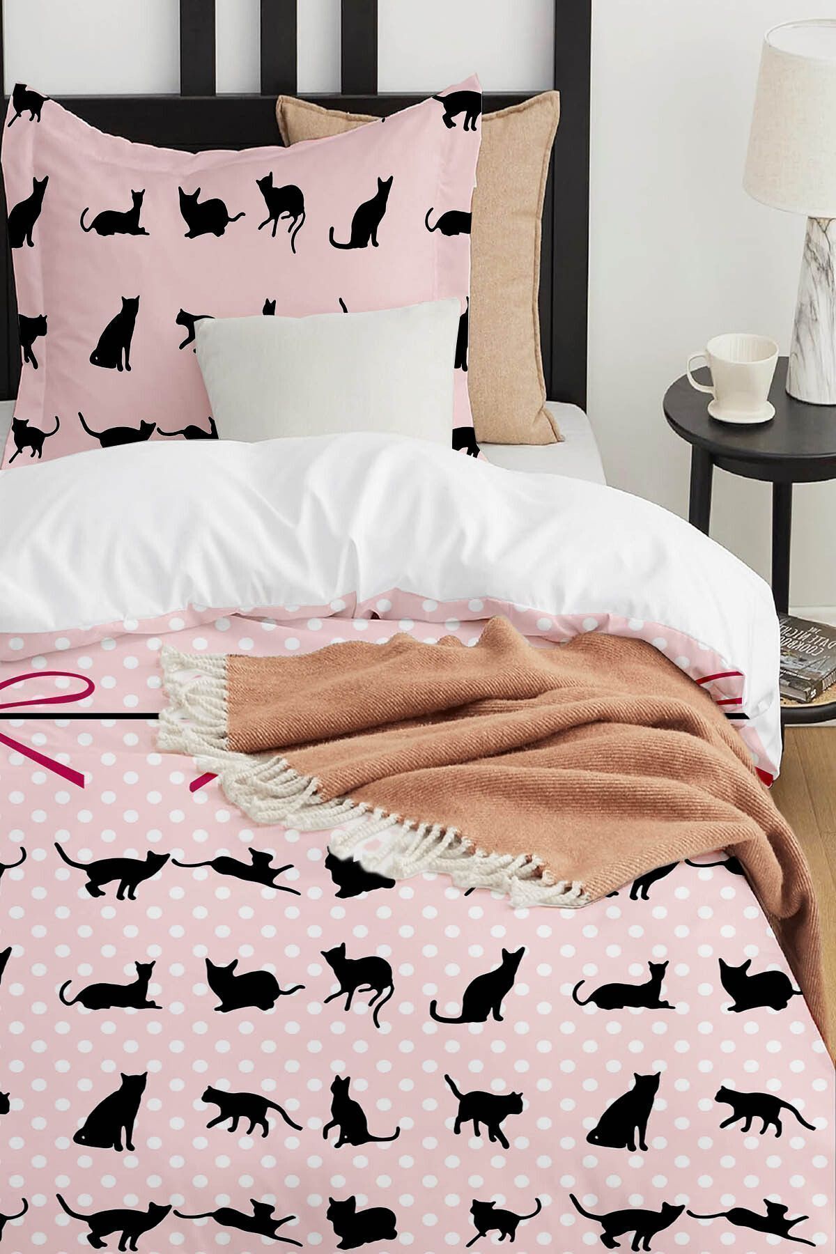 3D ELSE HALI-Pink Black Cat Figured Patterned Printed Cotton Satin Children's and Single Duvet Cover Set 3