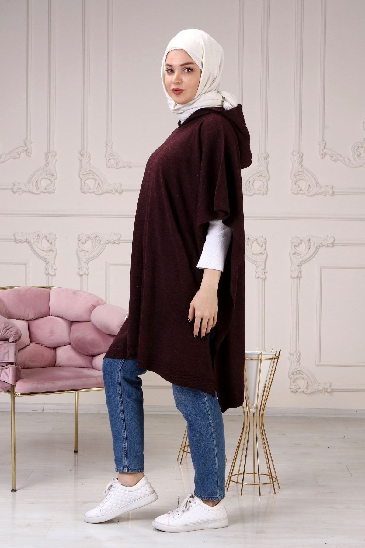 ilmek-Poncho de damă din tricot subțire cu glugă și dantelă laterală 3