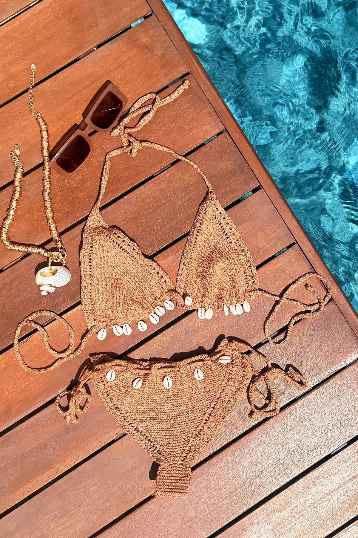 VAGGON-Bikini cu șnur maro cu detalii scoici - Croșetat Prm0908 2