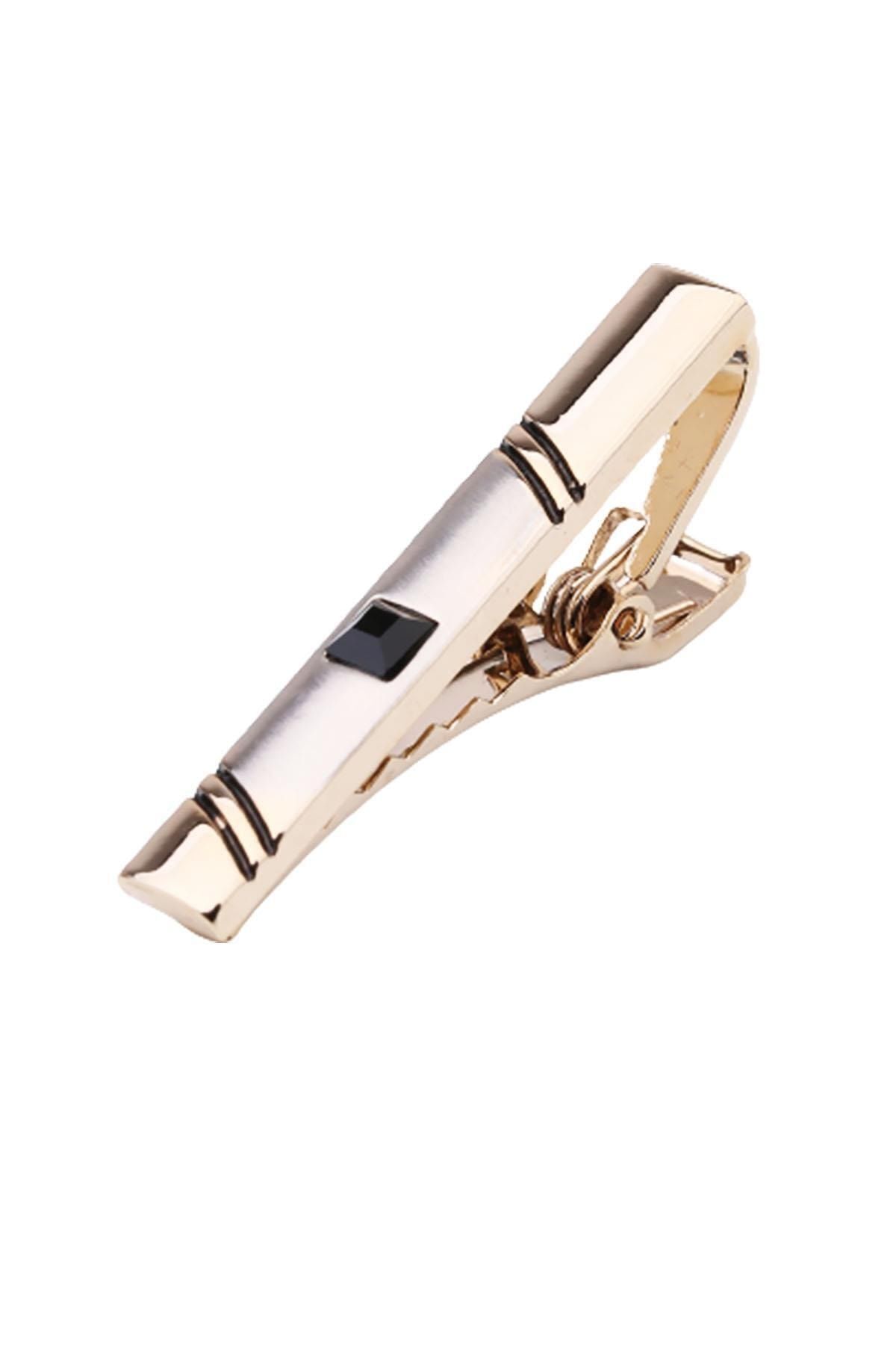  سنجاق کراوات نیمه براق طلایی رنگ با سنگ‌های مشکی Kıy496