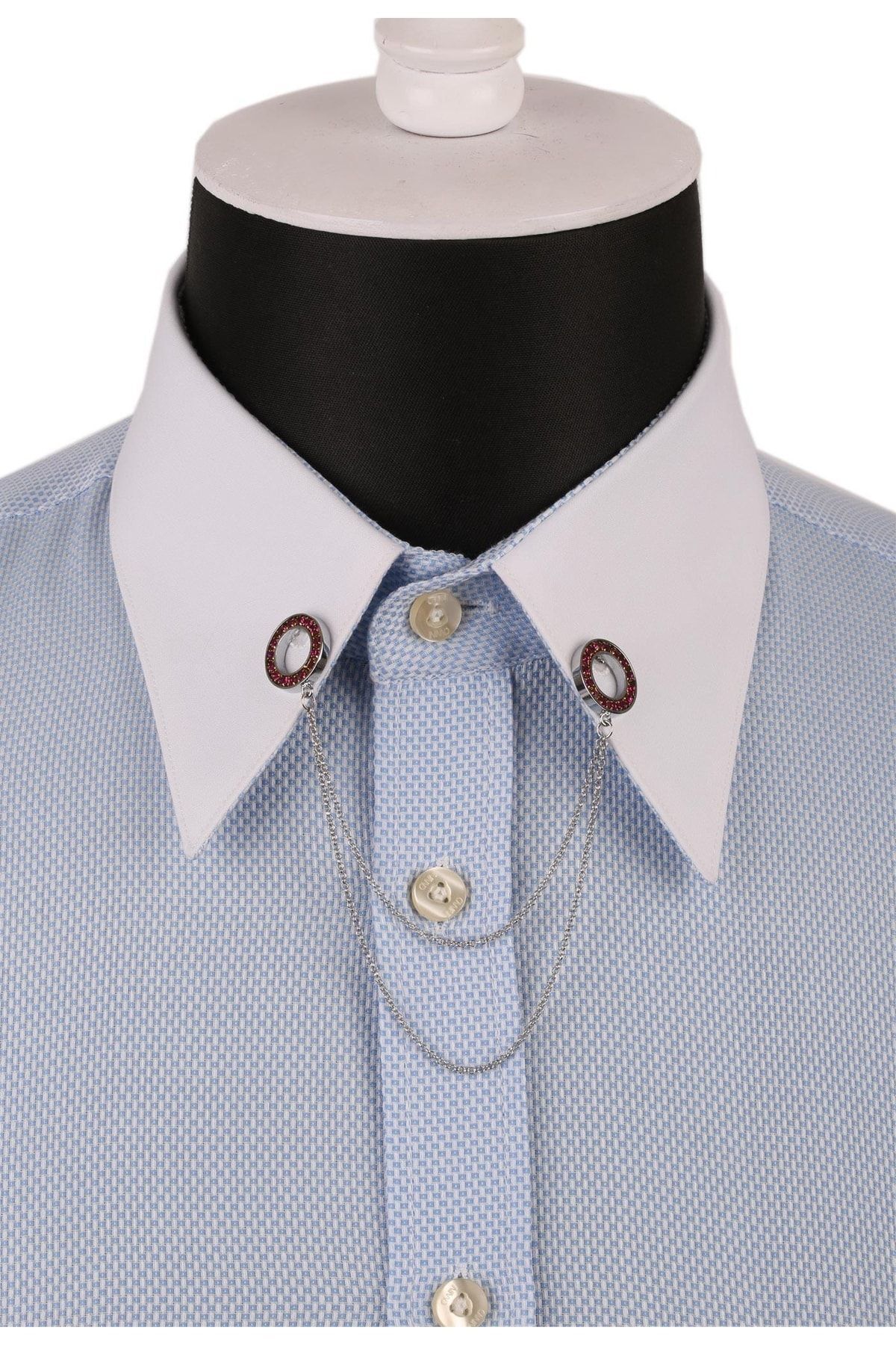  سنجاق یقه پیراهن نقره‌ای رنگ فوشیا با زنجیر سنگ زرد GI061