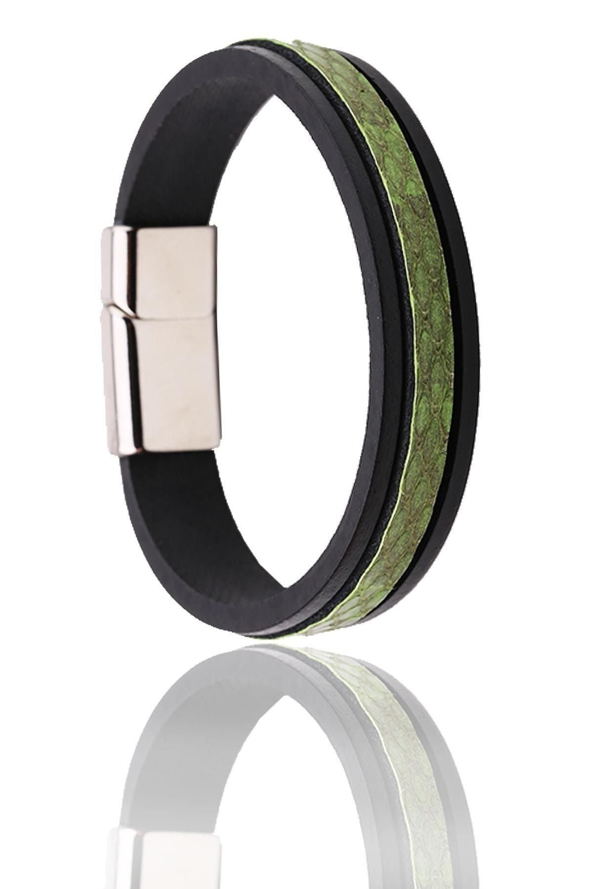  دستبند استیل چرمی طرح کروکودیل مشکی مردانه