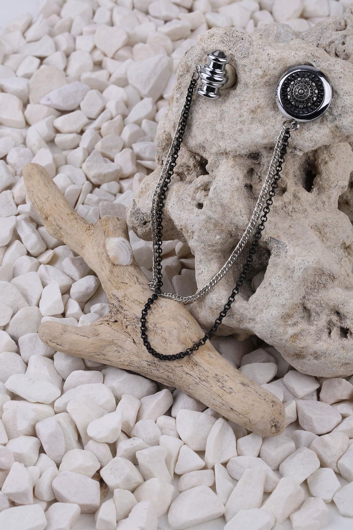  سنجاق سینه زنجیری نقره‌ای از جنس سنگ هماتیت مدل YI241