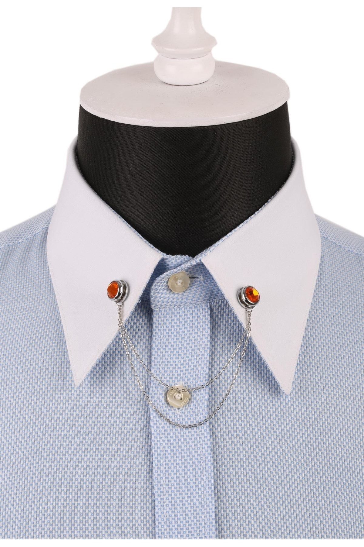  سنجاق یقه پیراهن نقره‌ای با سنگ نارنجی و زنجیر GI083