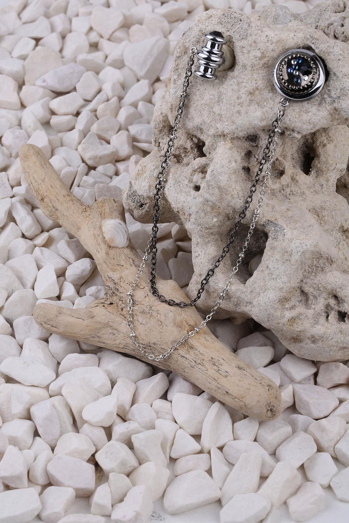  سنجاق سینه زنجیری کریستالی مشکی و آبی YI239