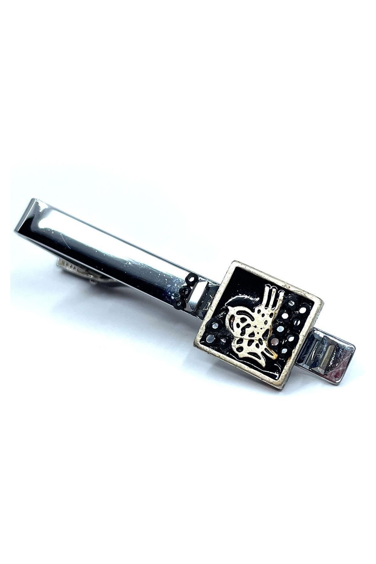  سنجاق کراوات نقره ای مشکی طرح عثمانی طغرا Kıy697