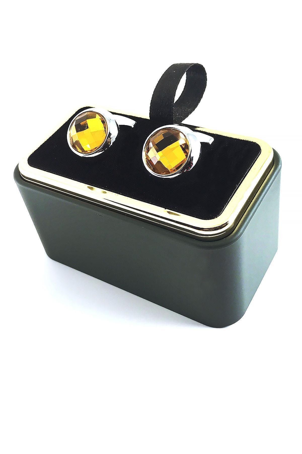  دکمه سرآستین نقره‌ای رنگی با سنگ نارنجی Kd1312