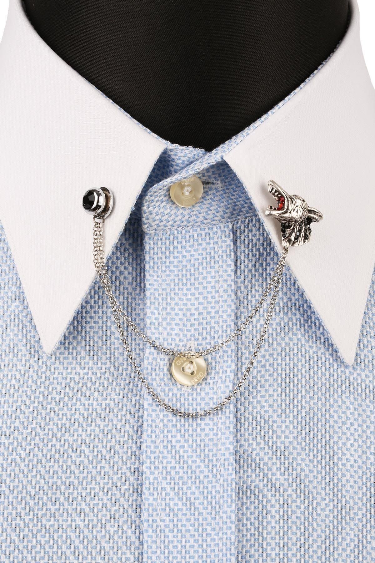  سنجاق سینه زنجیری نقره‌ای طرح گرگ با سنگ YI298