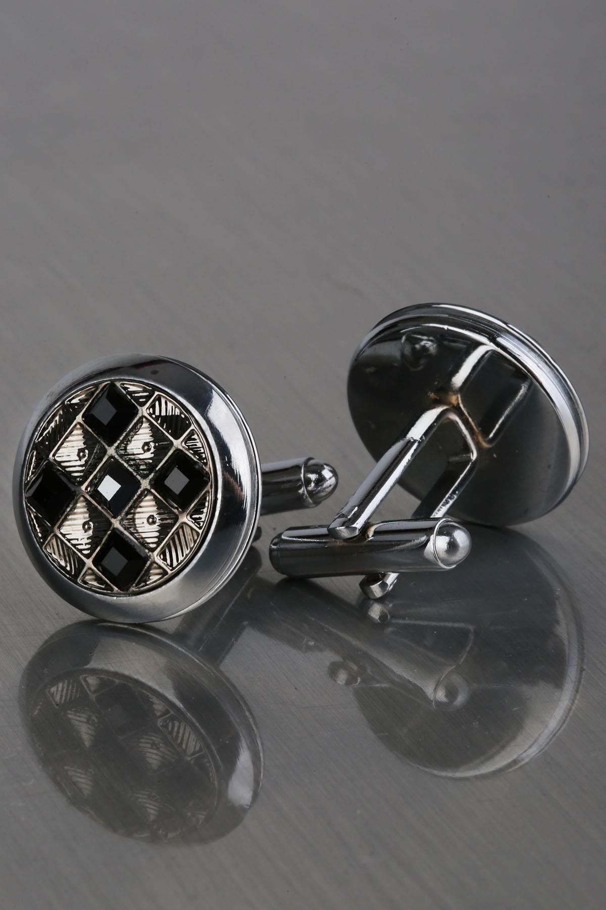  دکمه سرآستین مردانه نقره‌ای رنگ با سنگ‌های مشکی KD1214