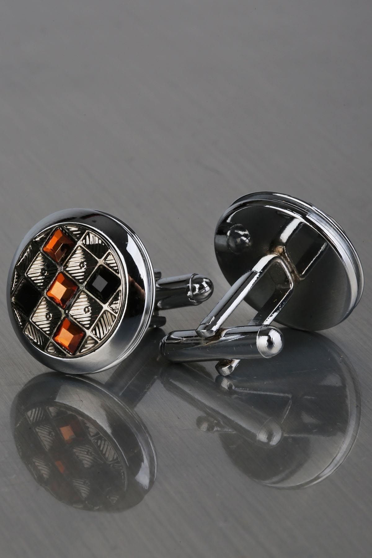  دکمه سرآستین نقره‌ای مشکی - نارنجی طرح سنگ Kd1215