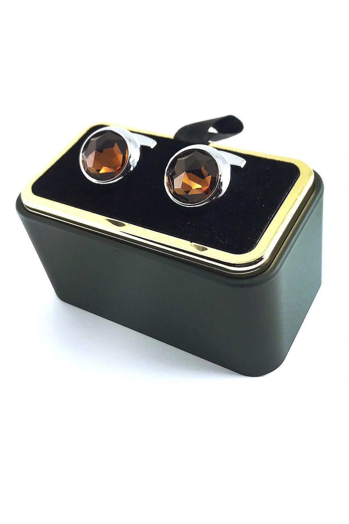  دکمه سردست نقره‌ای رنگ طرح سنگ قهوه‌ای Kd1405