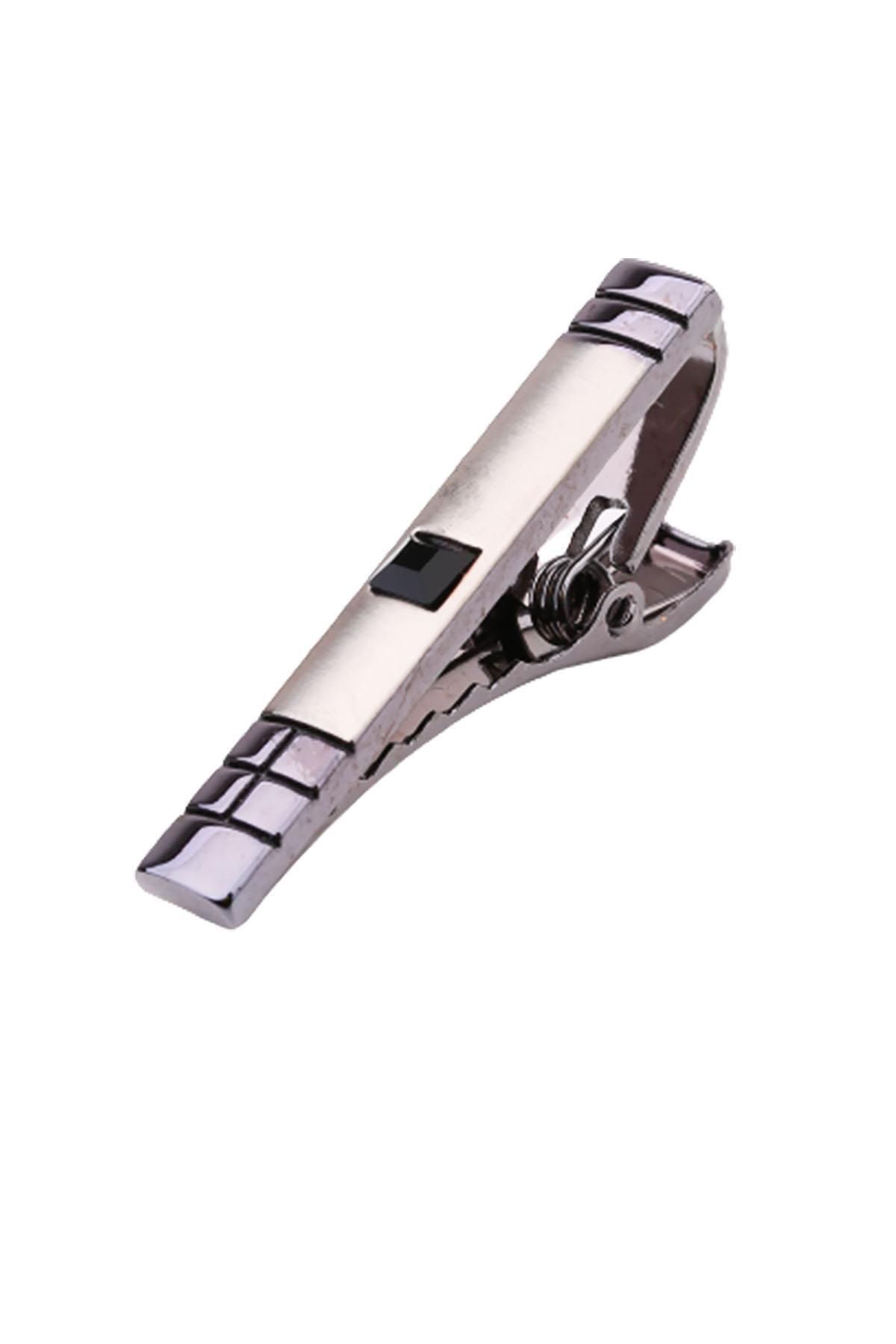  سنجاق کراوات نقره‌ای رنگی با جزئیات دودی و سنگ‌های مشکی Kıy462