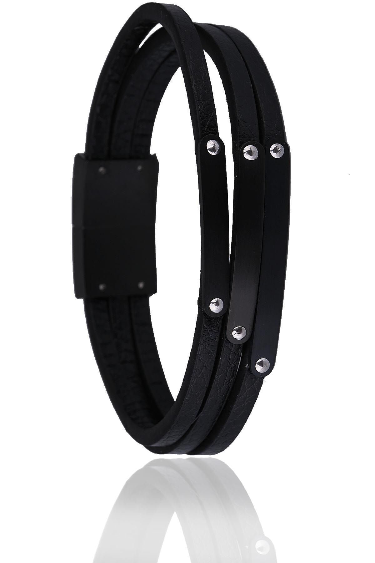  دستبند مردانه استیل چرم مشکی Blk1582