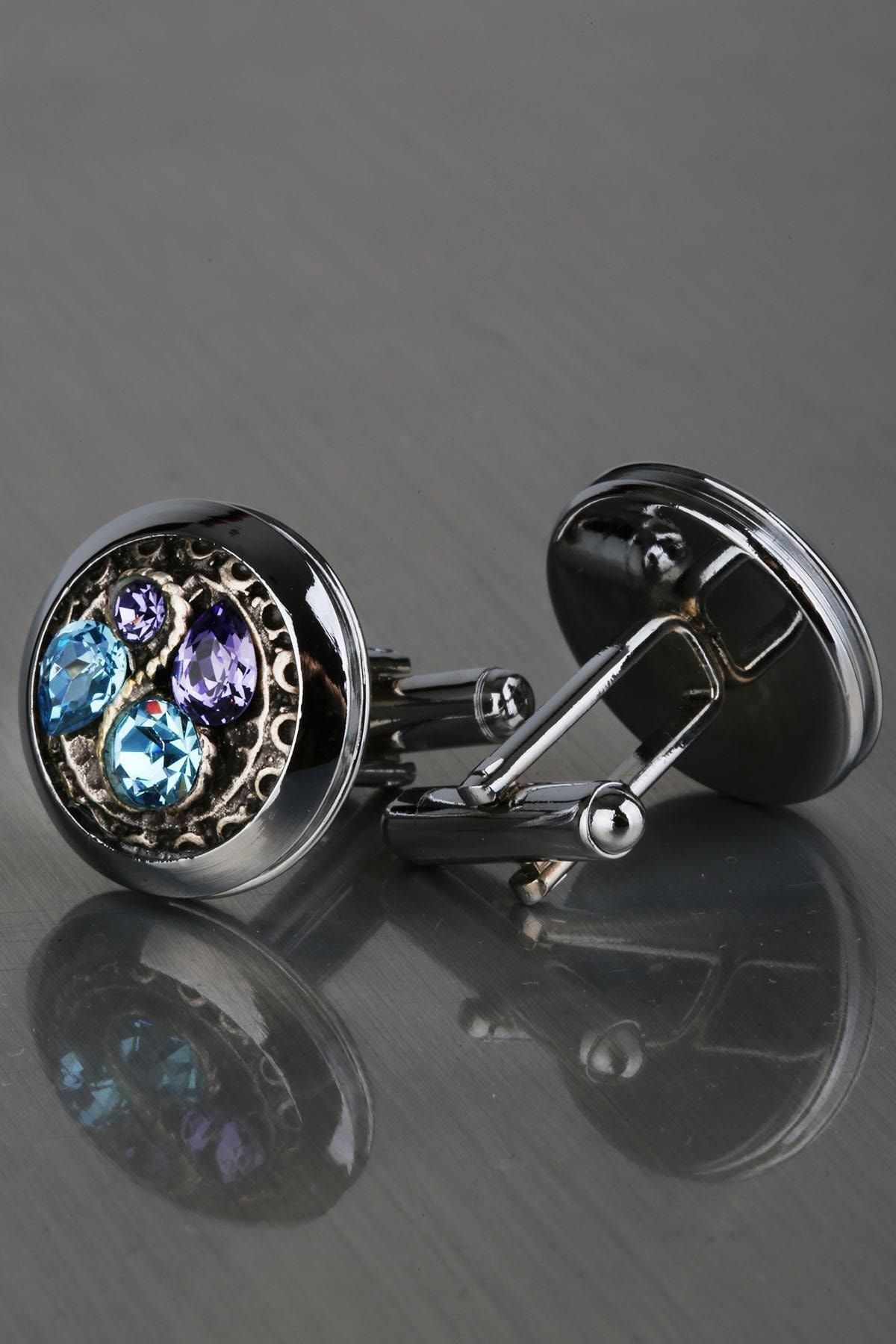  دکمه سرآستین مردانه نقره‌ای با سنگ‌های آبی و یاسی KD1241