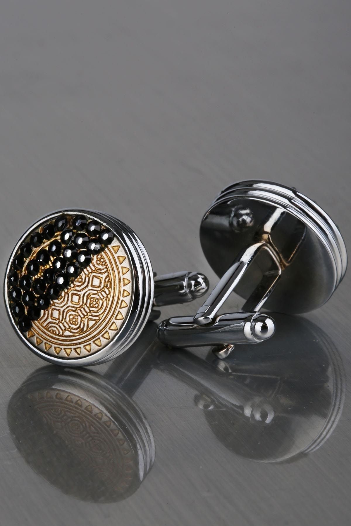  نقره - دکمه سرآستین طلایی رنگ با سنگ مشکی KD1204