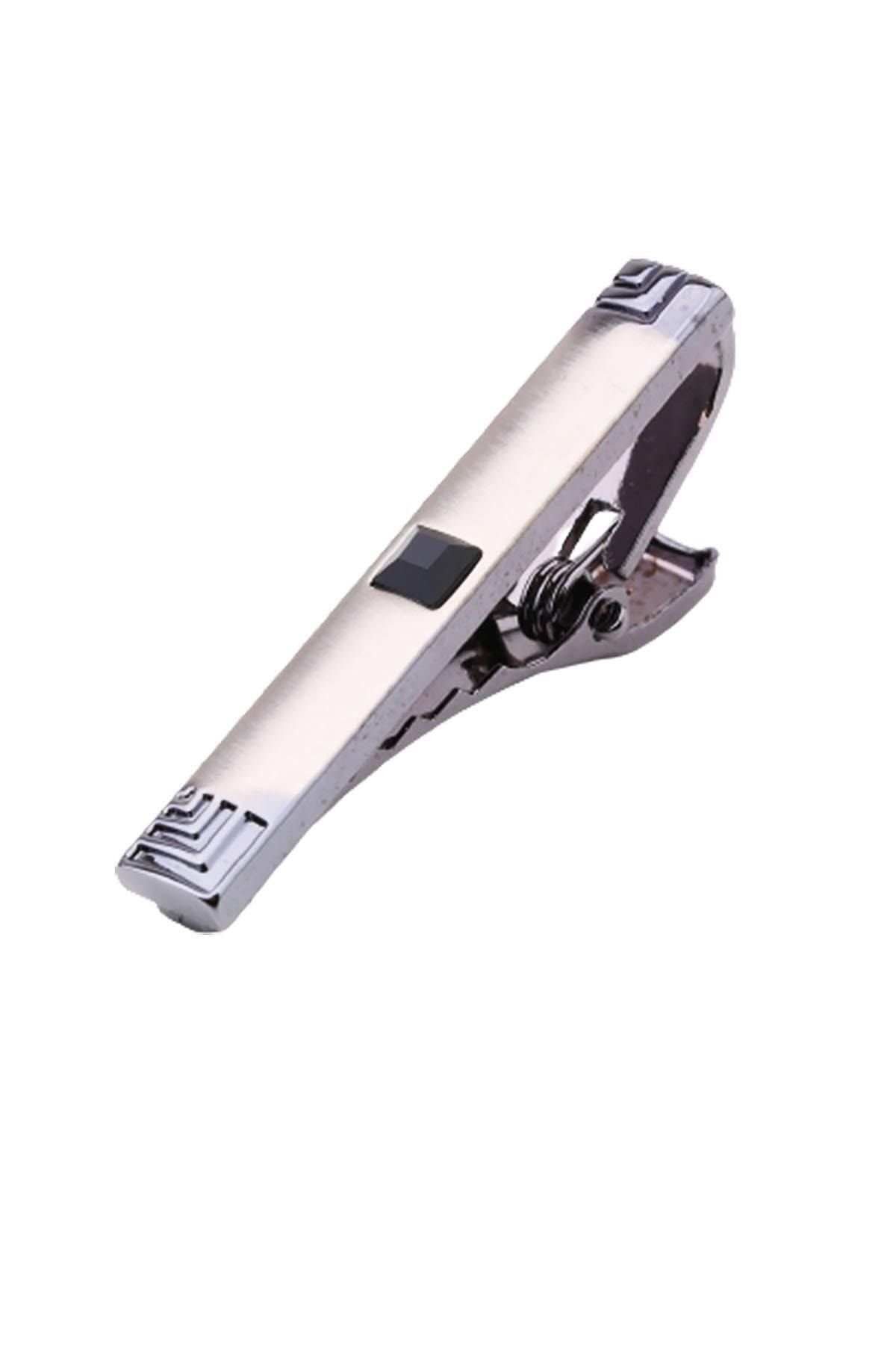  سنجاق کراوات نقره‌ای رنگی با جزئیات دودی و سنگ‌های مشکی Kıy461