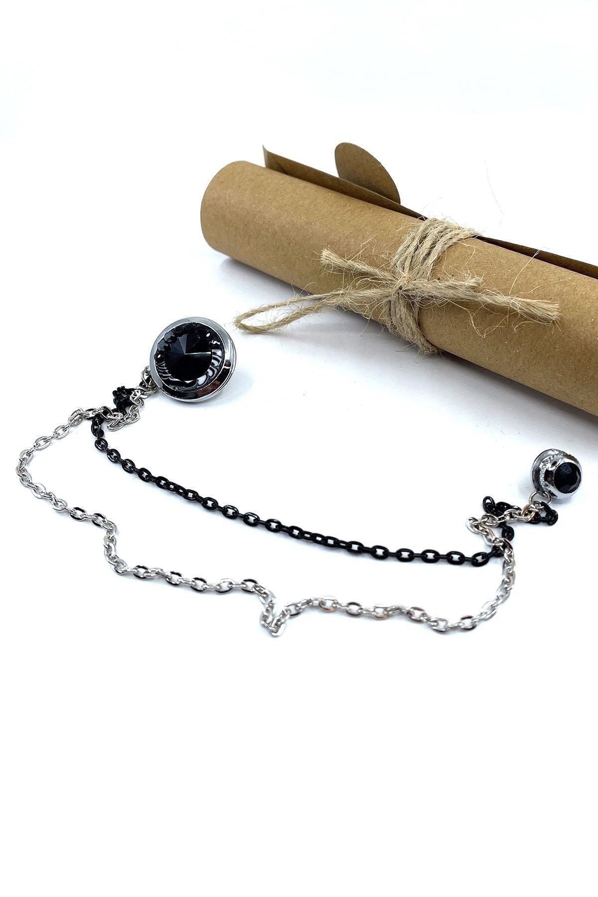  سنجاق یقه کت نقره‌ای رنگ با زنجیر سنگی مشکی Yı392