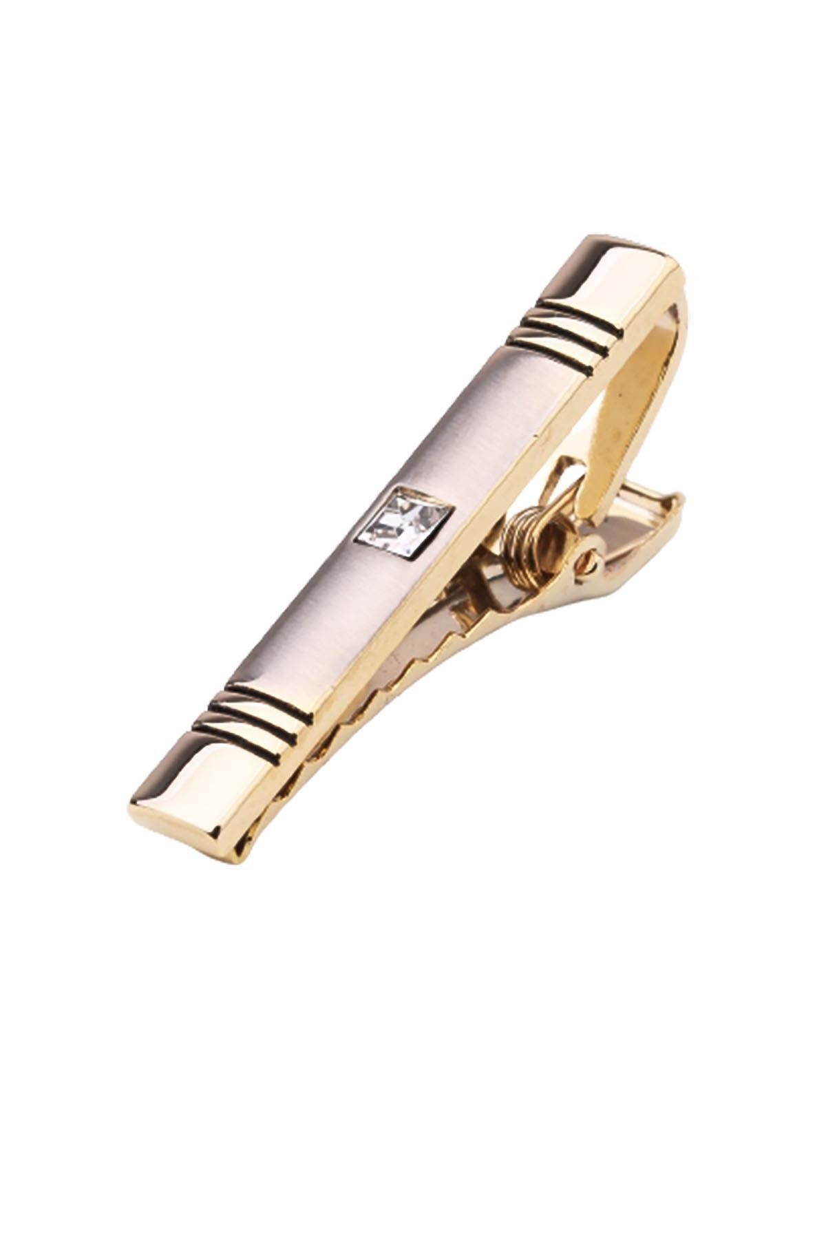  سنجاق کراوات نیمه مات طلایی رنگ با سنگ‌های سفید Kıy594