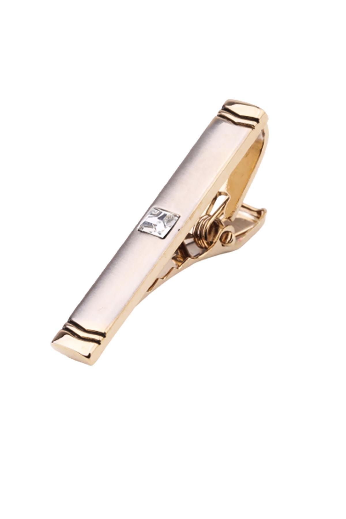  سنجاق کراوات مات طلایی رنگ با سنگ‌های سفید Kıy565