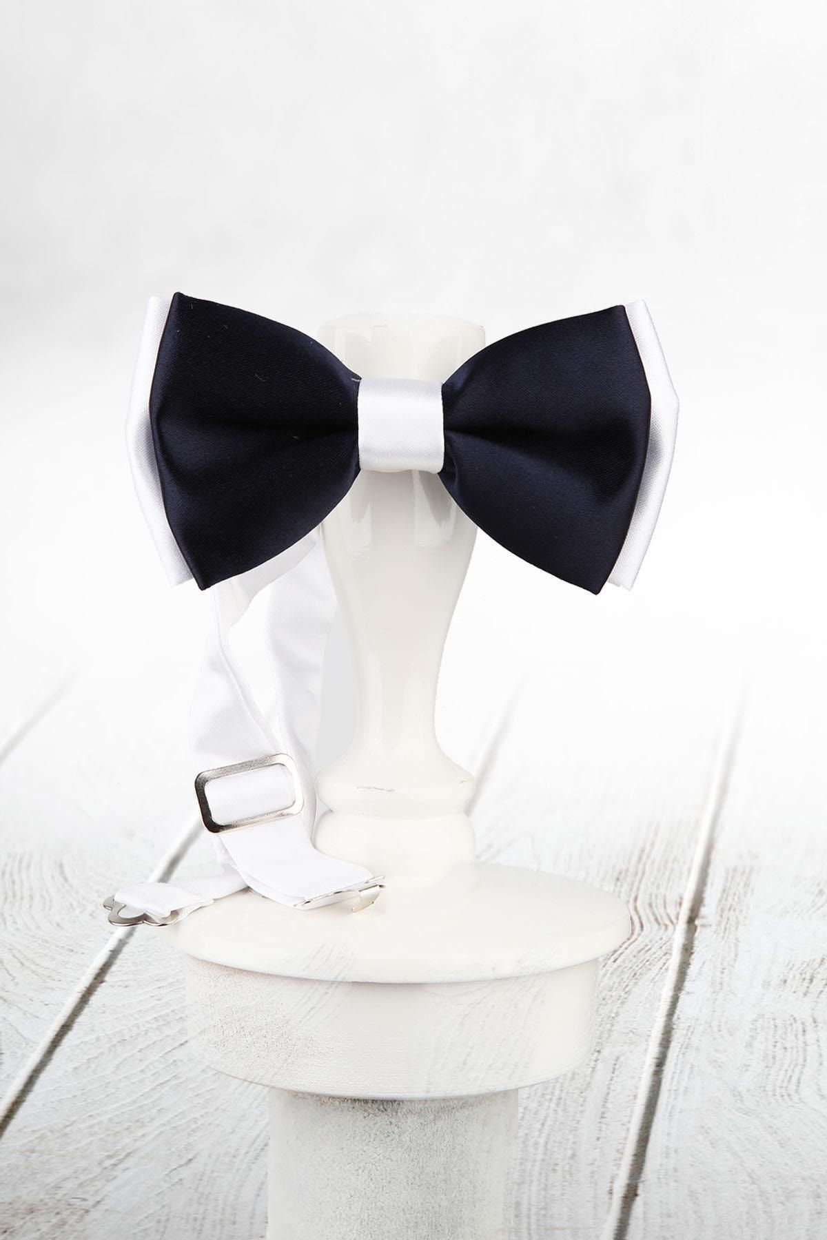  پاپیون ساتن مردانه سرمه‌ای و سفید SP62