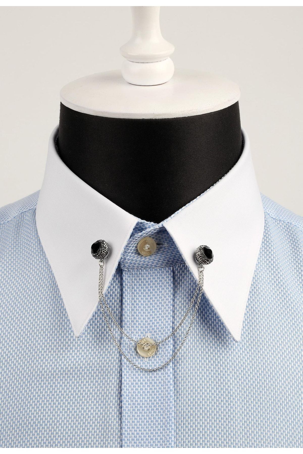  سنجاق یقه پیراهن نقره‌ای با زنجیر سنگ مشکی GI033