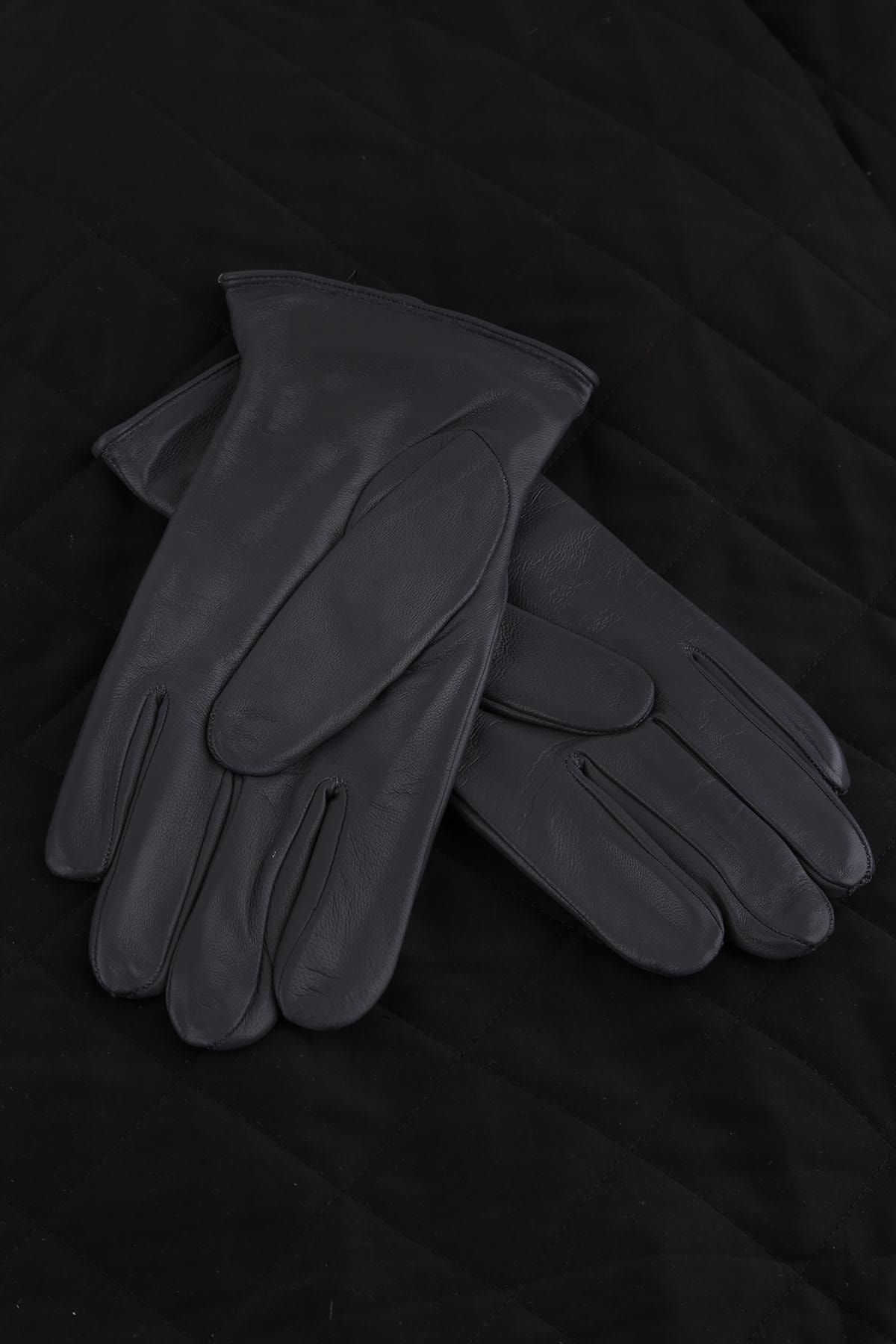  دستکش مردانه چرم اصل ساده خاکستری تیره El34