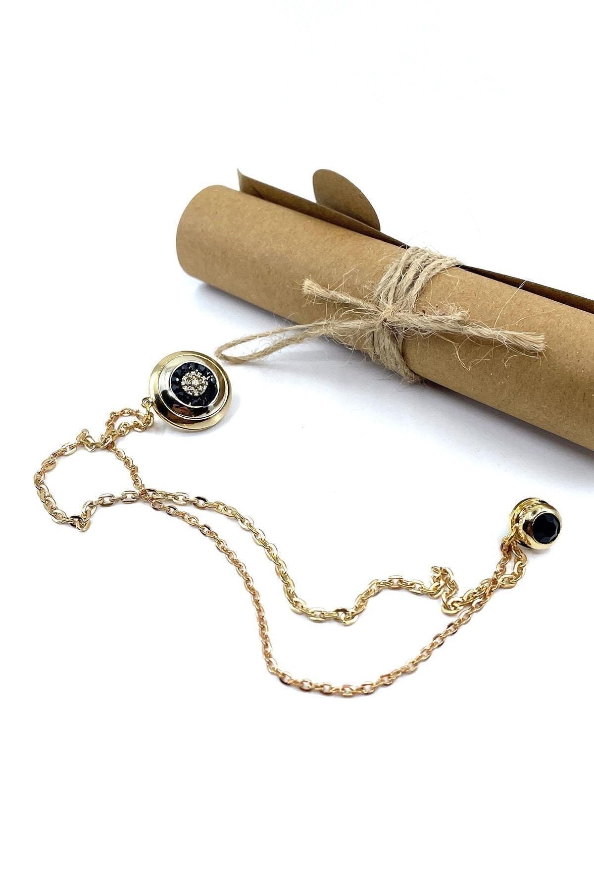  سنجاق یقه کتی با زنجیر سنگی مشکی طلایی رنگ Yı395