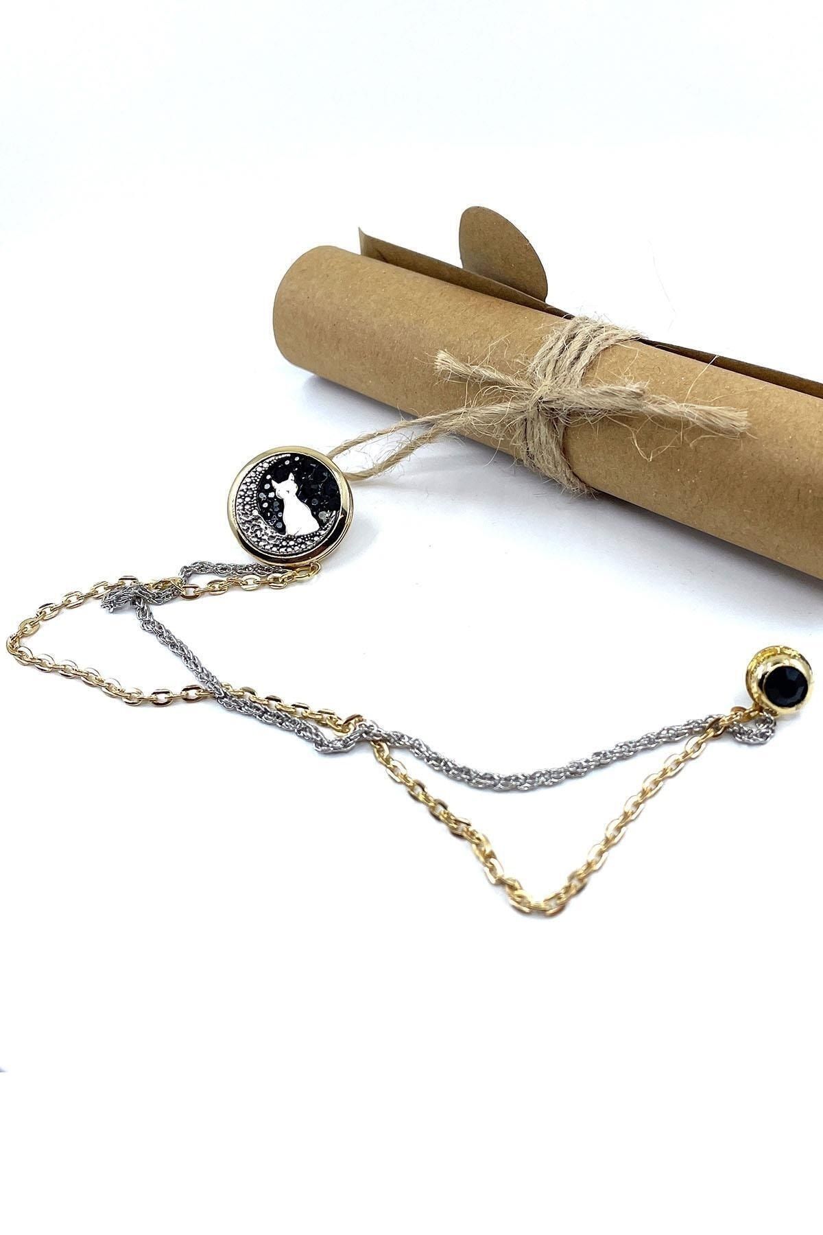  سنجاق یقه کت با سنگ مشکی طرح گربه طلایی رنگ YI401