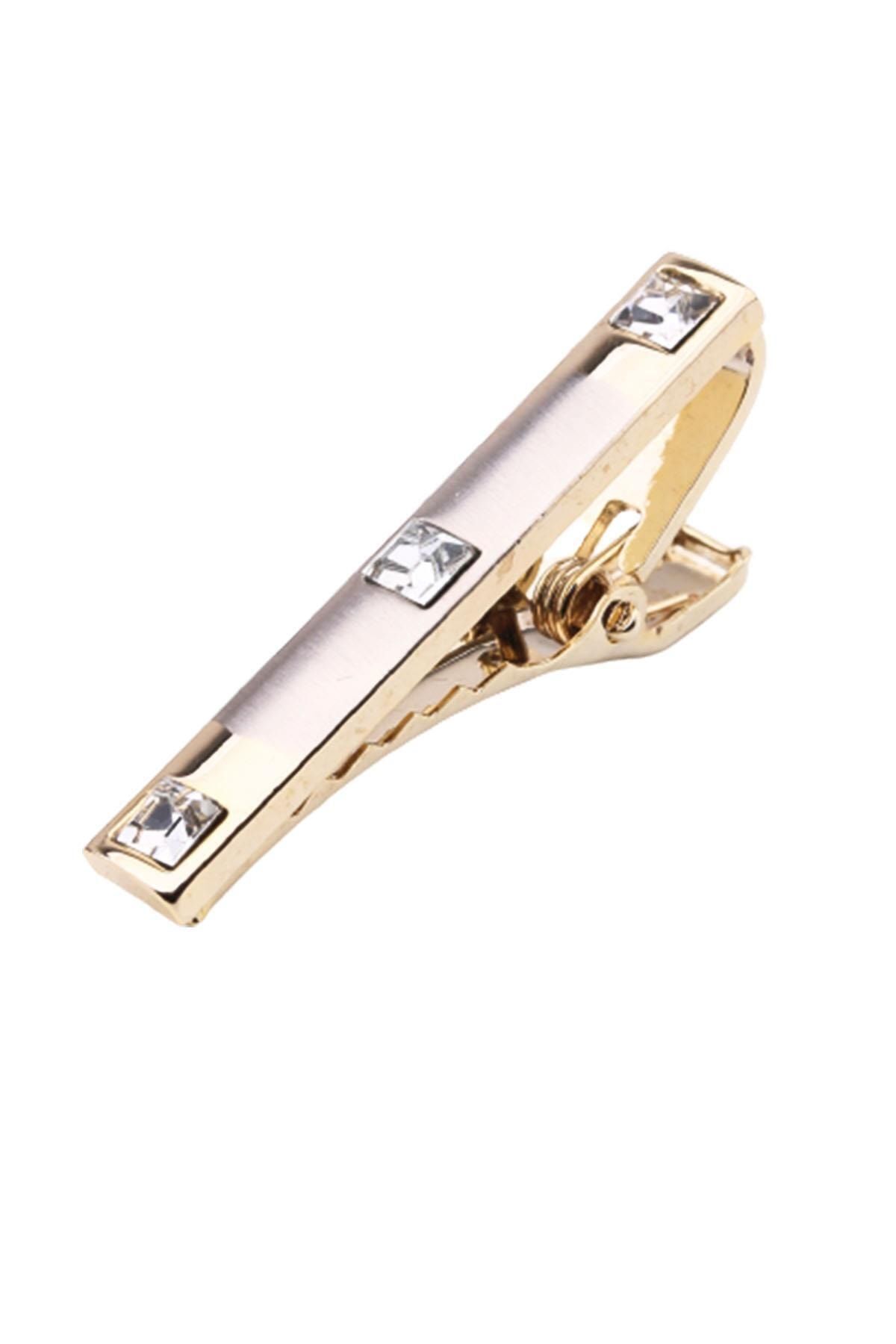  سنجاق کراوات مات طلایی رنگ با سه سنگ سفید Kıy585