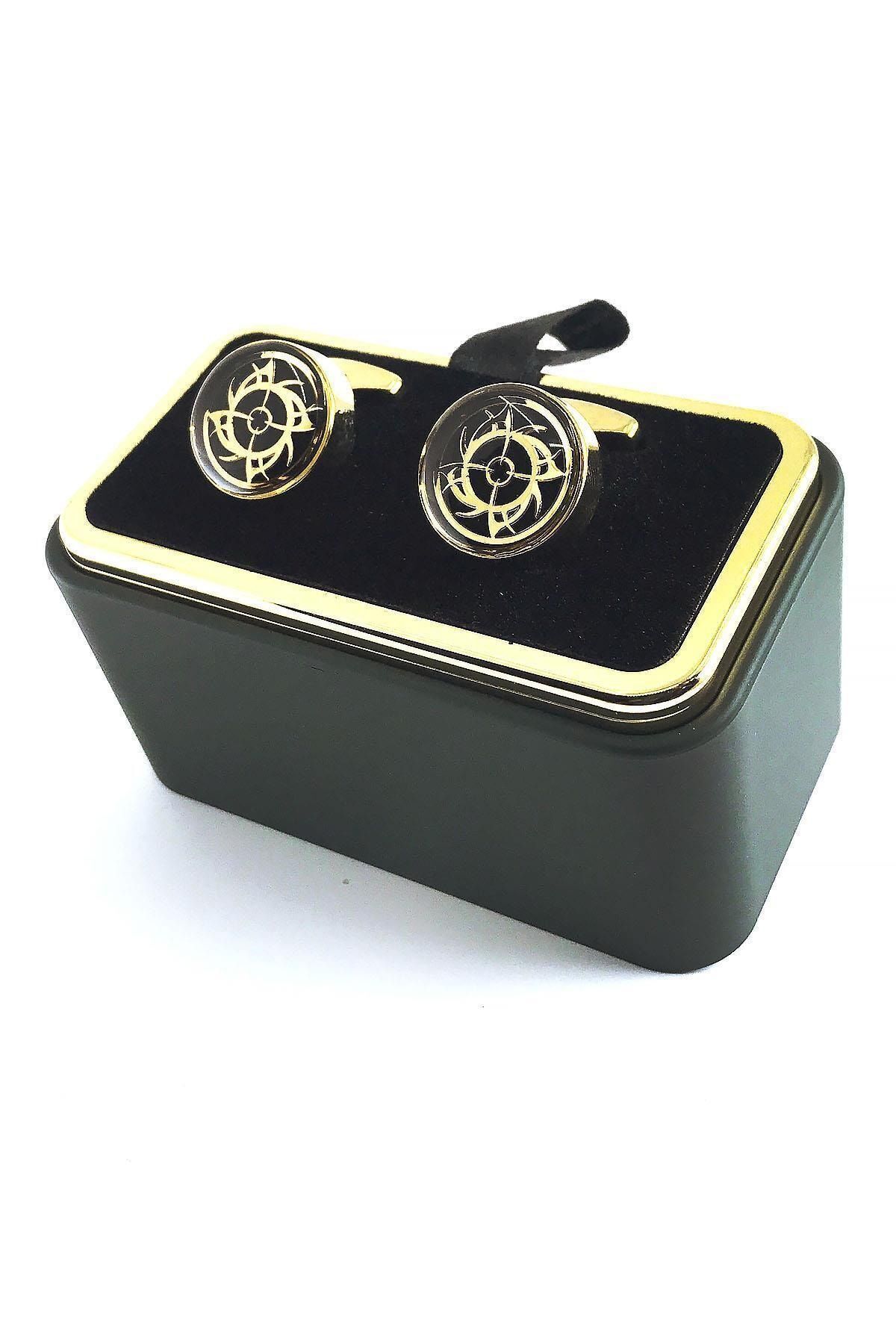  دکمه سرآستین گرد طلایی رنگ مشکی طرح‌دار Kd1443