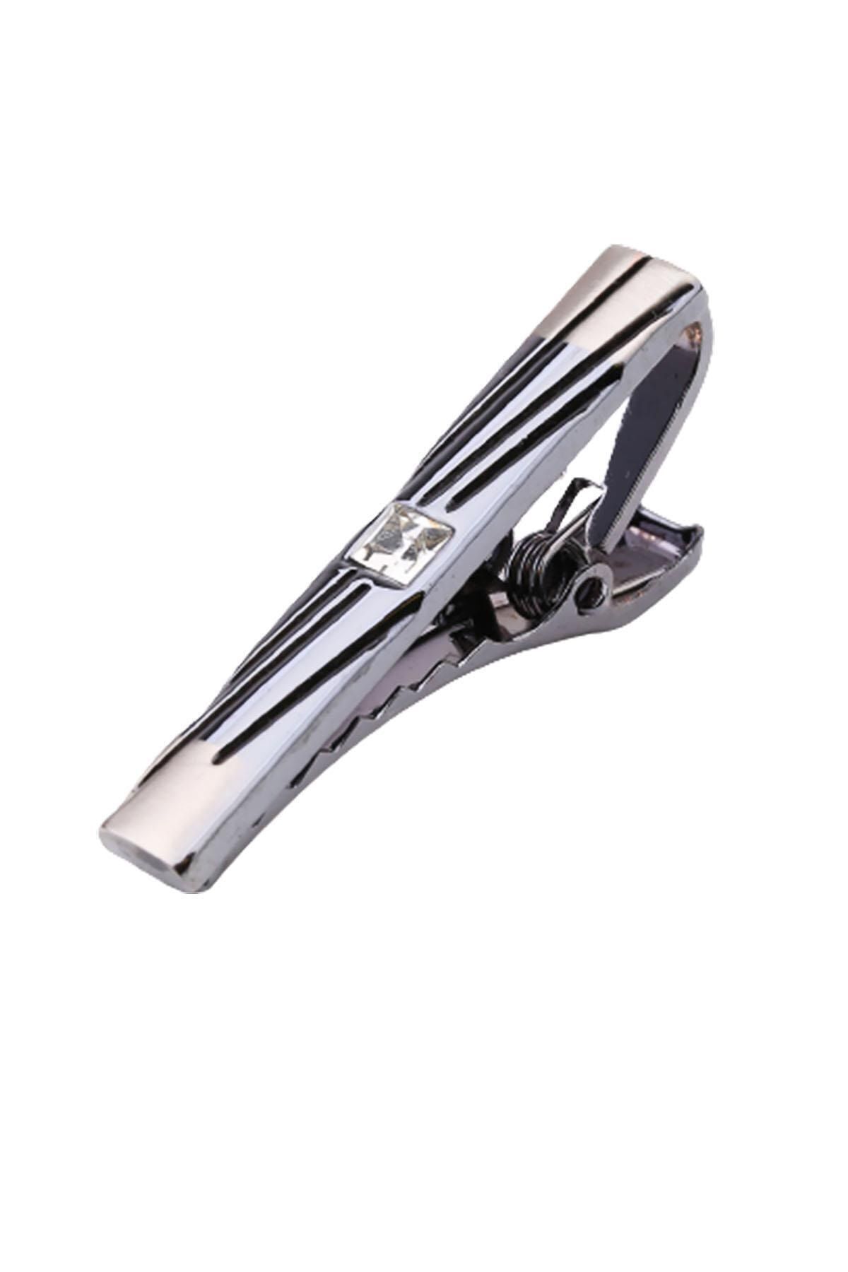  سنجاق کراوات خاکستری دودی با سنگ‌های سفید Kıy469