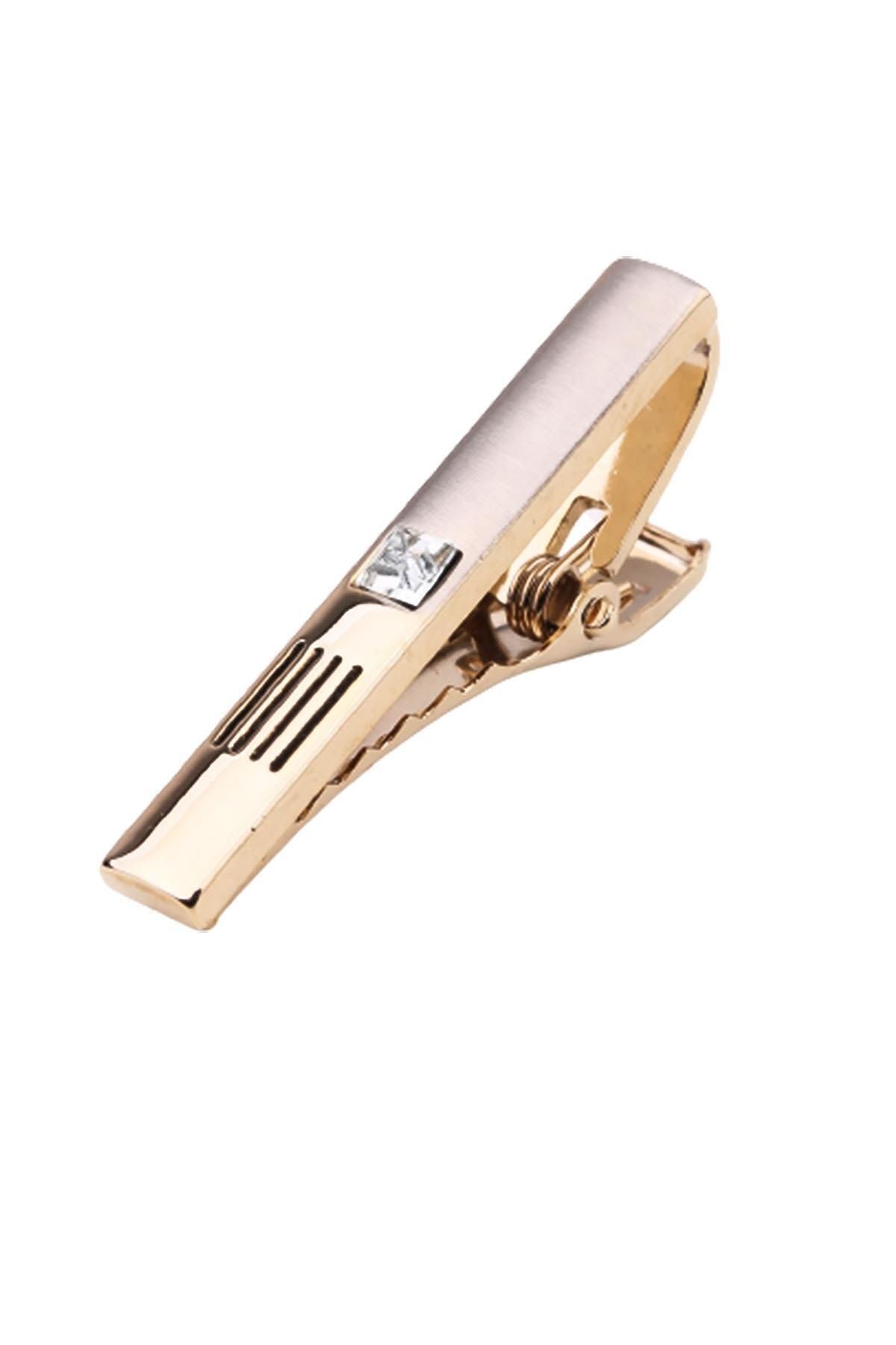  سنجاق کراوات نیمه مات طلایی رنگ با سنگ‌های سفید Kıy595