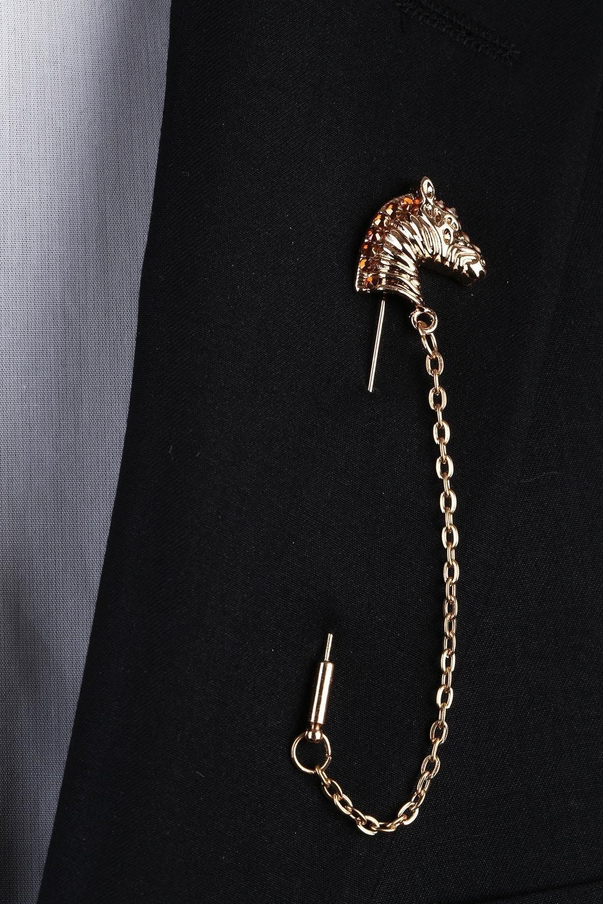  سنجاق یقه طرح اسب طلایی رنگ با سنگ‌های نارنجی YI275