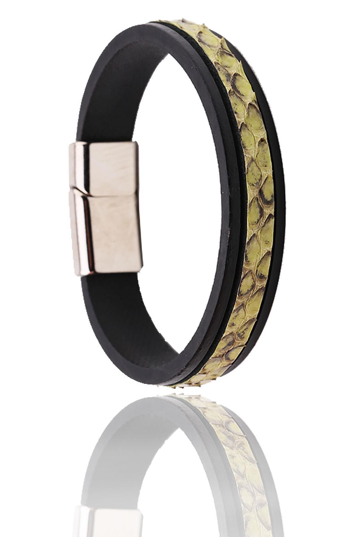  دستبند مردانه چرم استیل طرح کروکودیل مشکی Blk1651