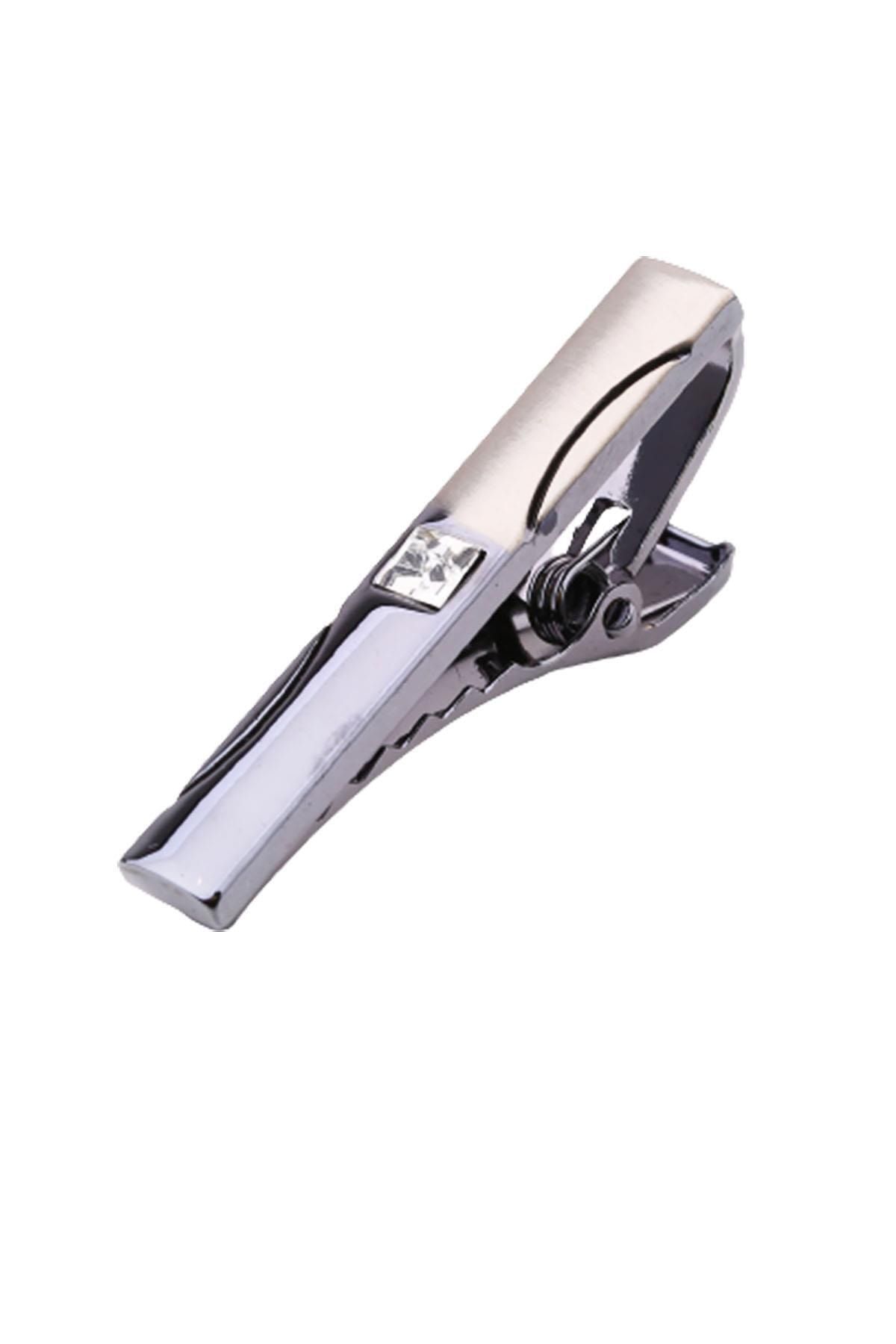  سنجاق کراوات سنگی سفید نیمه دودی مات نقره‌ای Kıy471