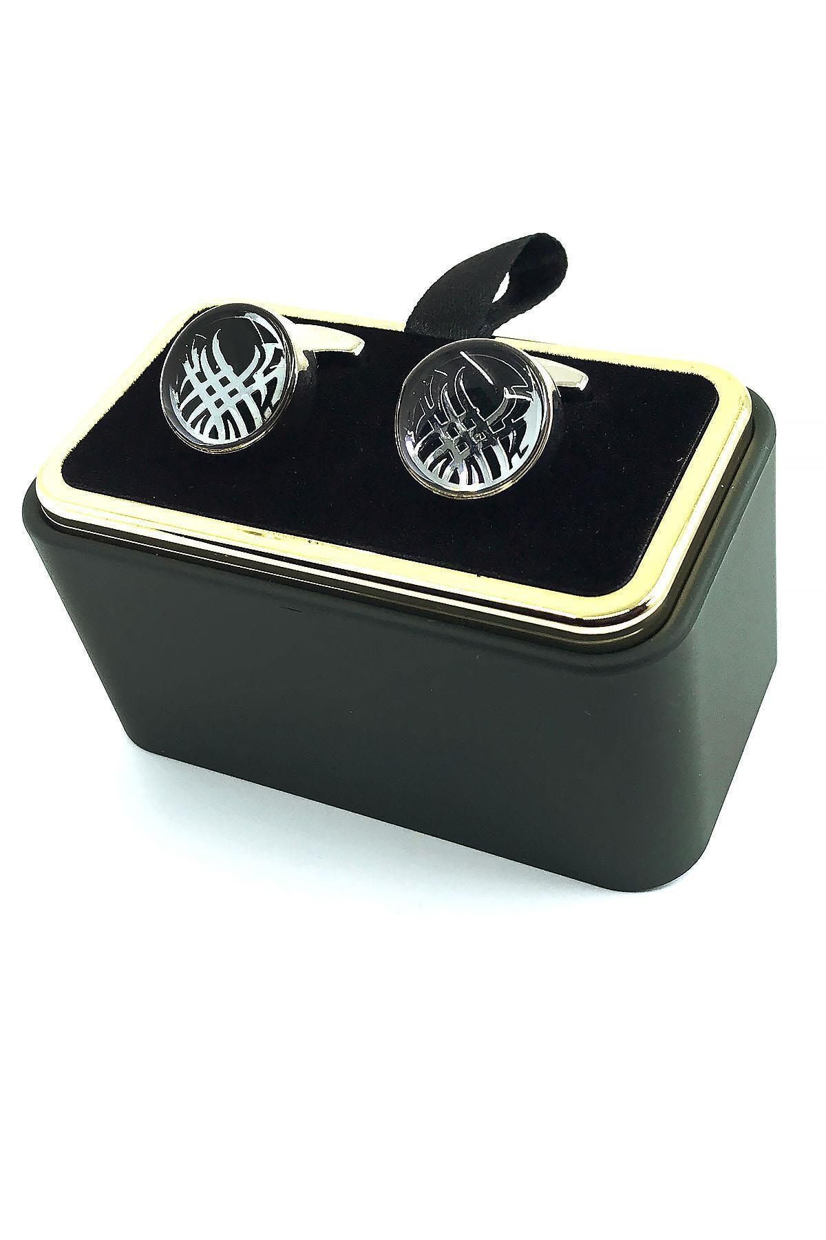  دکمه سرآستین مشکی نقره‌ای طرح‌دار Kd1581