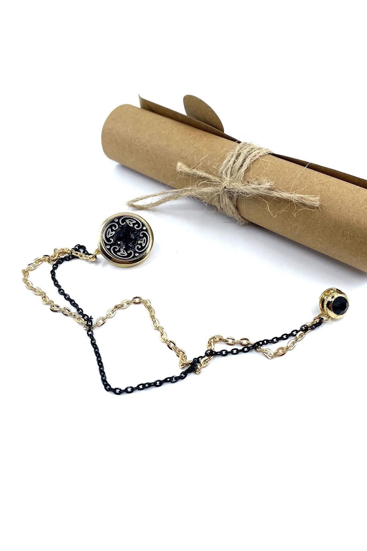  سنجاق یقه کتی با زنجیر سنگی مشکی طلایی رنگ Yı397