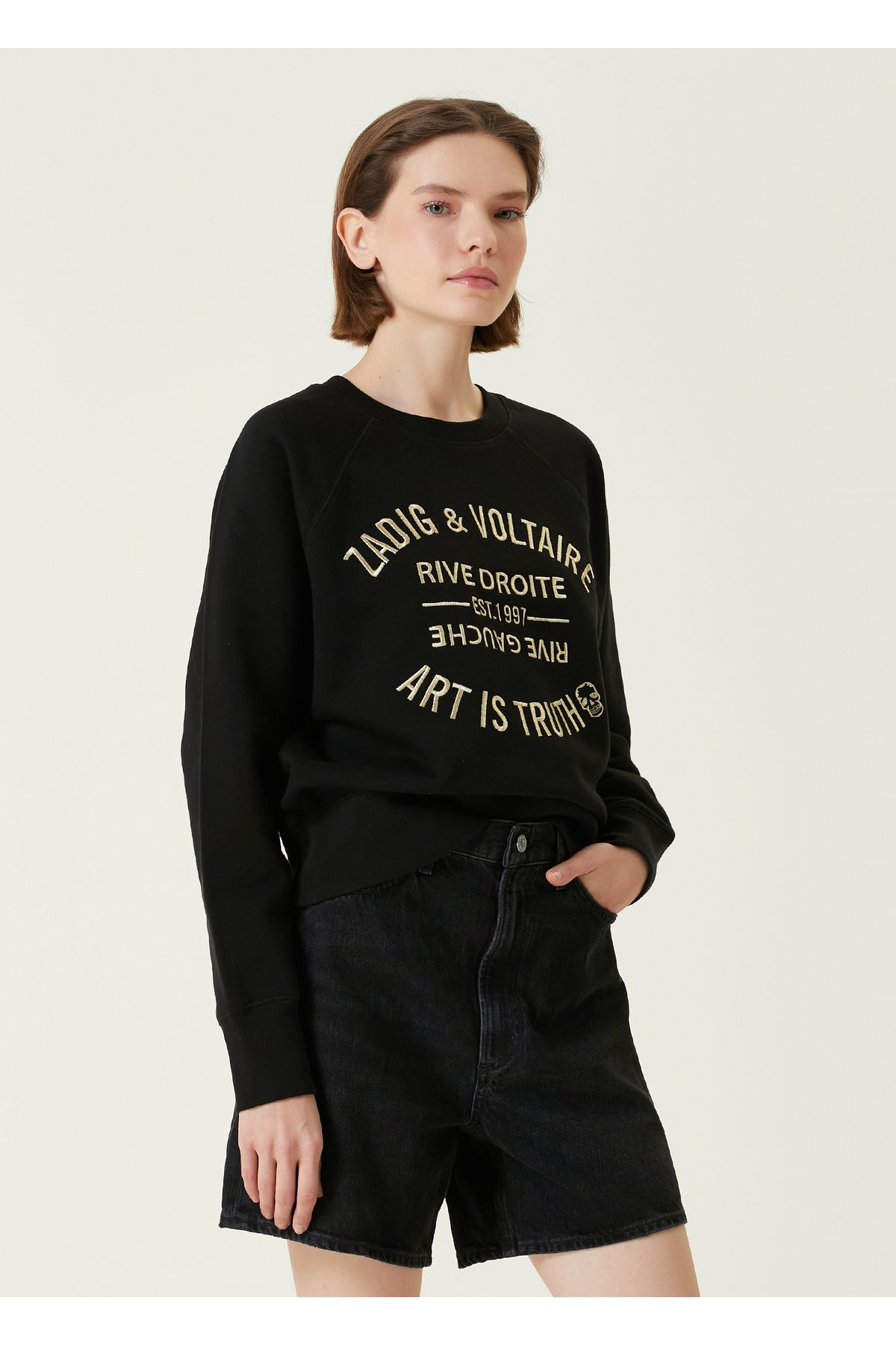 Zadig Voltaire Black Sweatshirt with Gold Logo Embroidery Size M Trendyol