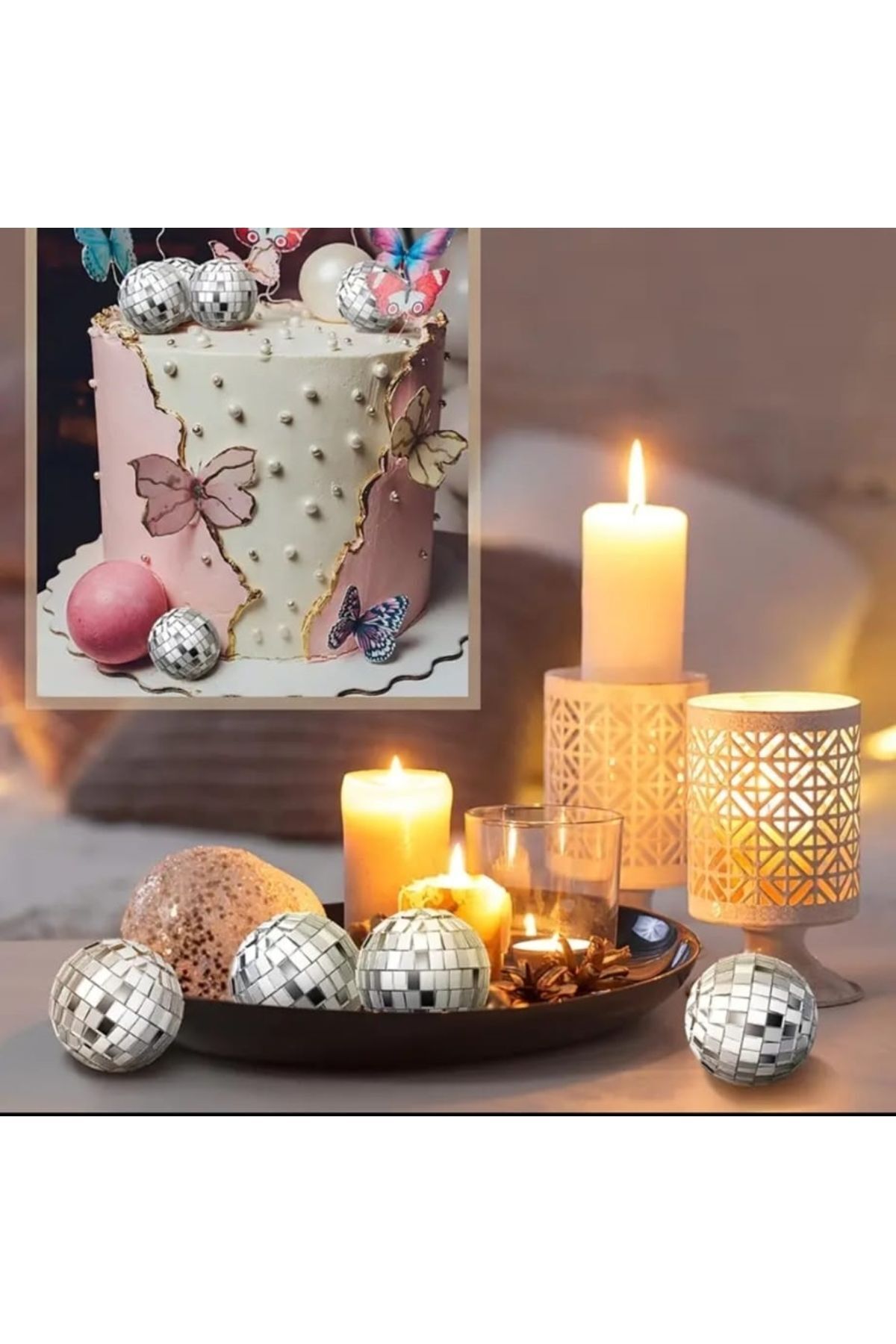 bizdenpastacılık-Disco Ball Cake Decoration 3 cm 4 Pieces Mirror Garbage Skewers Installed 7