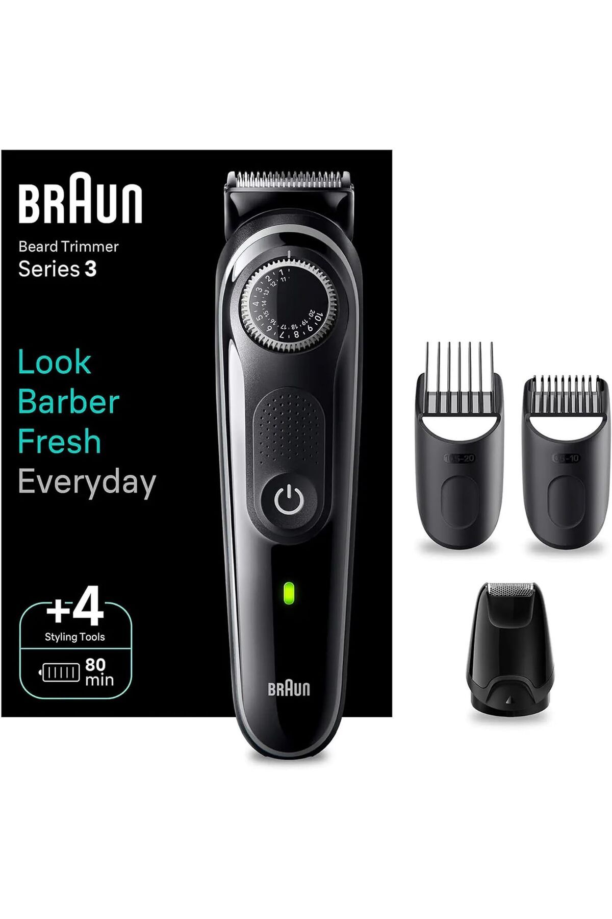 Braun-ماكينة تشذيب اللحية 3 عجلات دقيقة، 40 إعداد طول، 4 أدوات تصفيف، وقت تشغيل 80 دقيقة - BT3440 1