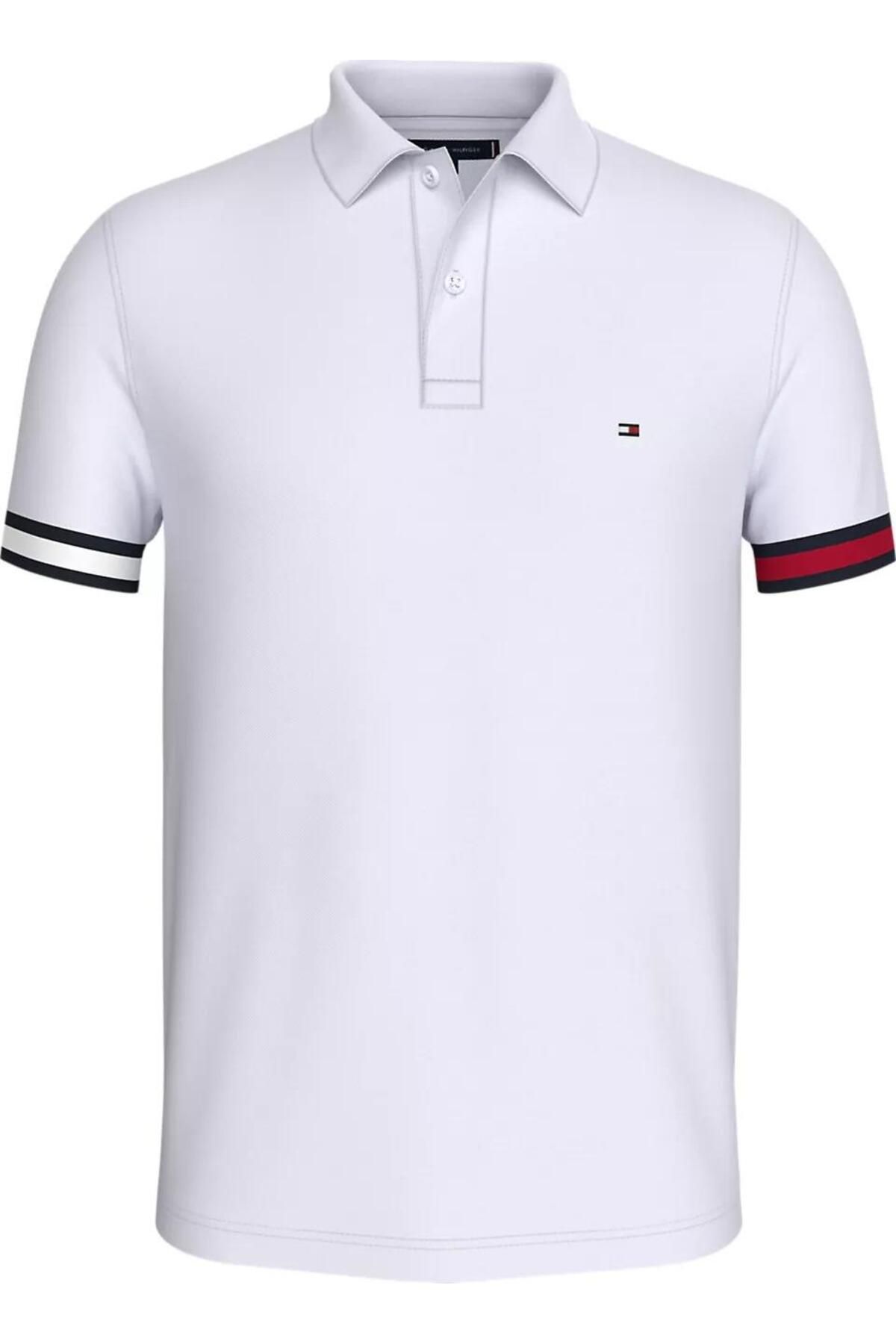 تی شرت یقه پولو سفید مردانه پرچم دکمه دار اورجینال Tommy Hilfiger