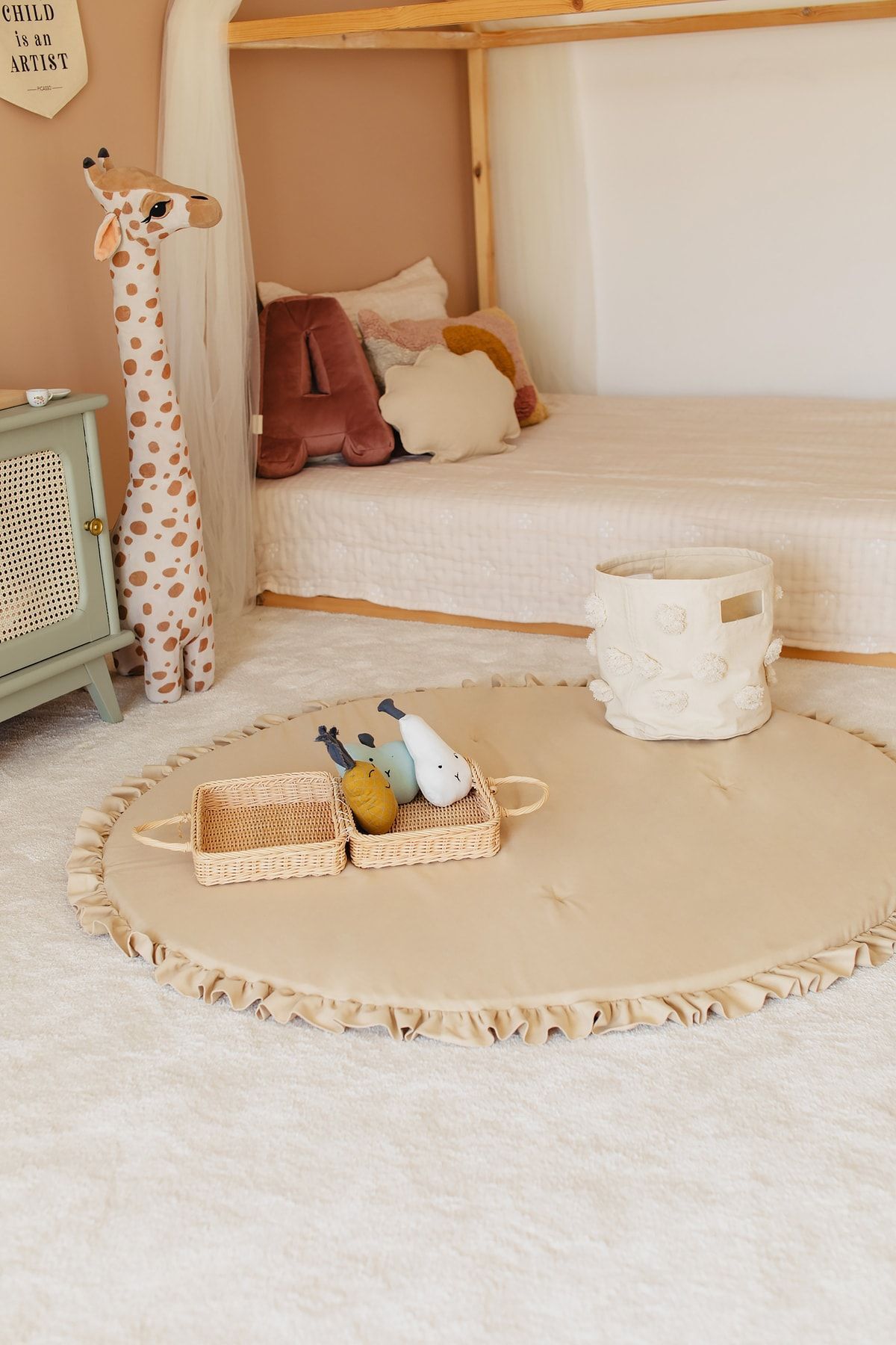 Dear Deer Love Oyun Halısı, Yuvarlak Oyun Matı, Fırfırlı Oyun Minderi, Bej fotoğrafı 5 (önizleme)